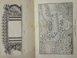 an old book with a drawing of a city and a picture of a bridge