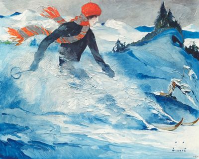 tableau représentant une personne à skis surfant sur une vague dans la neige