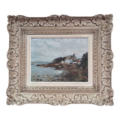 an image of a picture of a painting of a house by the water