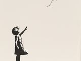 a black and white drawing of a girl holding a red balloon