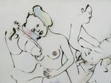 dessin représentant trois nus et un homme dans une salle de bains