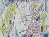 painting of a man playing a saxophone in a green jacket