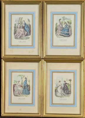 four framed pictures of women in period dress sitting on a bench