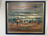 tableau représentant une scène de plage avec des personnes sur le sable et un drapeau