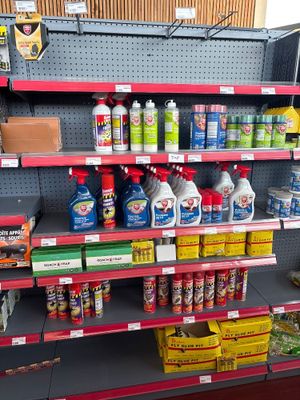 many different types of cleaning products on the shelves in the store