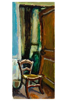 une peinture à l'huile représentant une chaise devant une porte