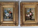 pair of paintings of flowers in a vase on a table