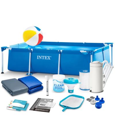 an image of a pool with a beach ball, towel, and other items