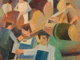 une peinture à l'huile représentant un groupe de personnes assises autour d'une table