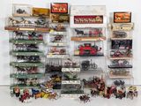 many different types of toy trains and cars on display
