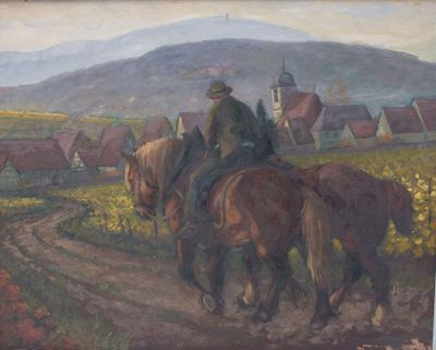 un tableau représentant deux hommes à cheval sur un chemin de terre