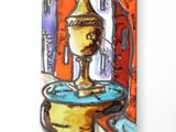 a picture of a painting of a water fountain on the wall