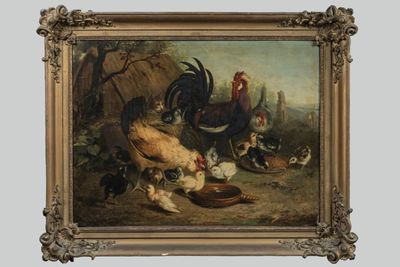 un tableau représentant un coq et des poules dans un champ
