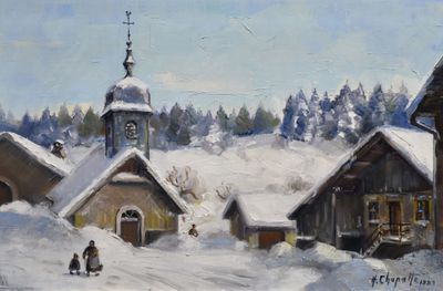 tableau représentant un village sous la neige, avec une église en arrière-plan