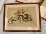 two framed pictures of a car with a man in the driver ' s seat and a woman in the driver ' s seat and a man in the driver ' s
