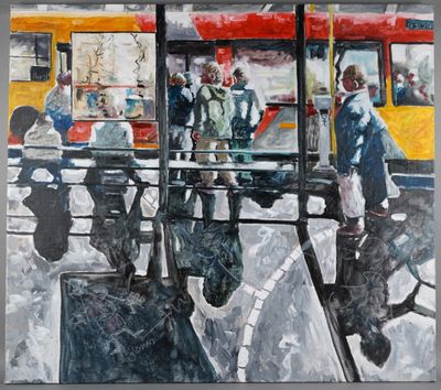 a painting of people walking on a street with a bus in the background