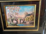 painting of a bridge over a river with a tree in the foreground
