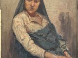 tableau représentant une femme en robe bleue assise sur un rebord