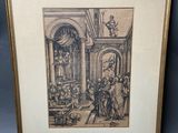 a framed drawing of a man and woman in a church