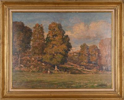 an image of a painting of a landscape with trees in the foreground