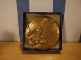 a gold medal in a blue box on a wooden table