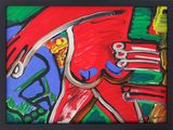 brightly colored abstract painting of a woman holding a knife and fork