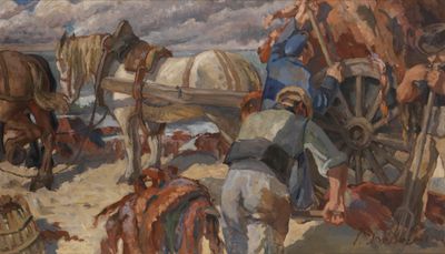 a painting of a group of horses pulling a wagon