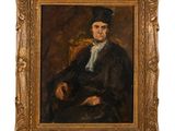 an oil painting of a man in a black coat and hat