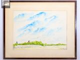 une image représentant une aquarelle d'un champ avec une maison au loin