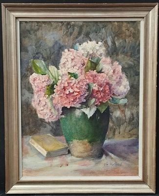 a painting of pink flowers in a vase on a table