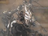 un tableau représentant un homme à cheval, avec un oiseau en arrière-plan