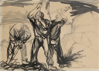 dessin représentant deux hommes travaillant sur une croix dans un champ