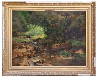 une image représentant un tableau d'un ruisseau dans une zone boisée