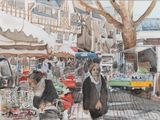 a watercolor painting of a woman walking down the street