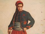 an old painting of a man in a red skirt and a red hat