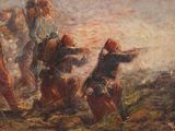 painting of a group of men standing on top of a grass covered field