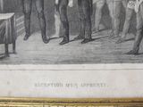 a drawing of a group of men standing in front of a desk