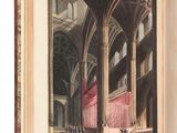 un livre ouvert dans lequel figure l'image d'un bâtiment