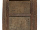 an old wooden frame with a window on a white wall