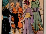 a drawing of a group of people talking to each other