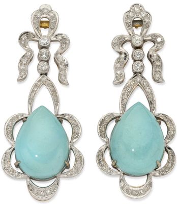a pair of turquoise jade and diamond earrings