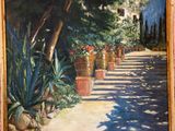 une peinture représentant des plantes en pot au bord de la route