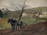 une peinture représentant un homme labourant un champ avec deux chevaux
