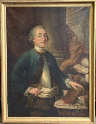 painting of a man in a blue coat holding a book