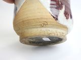 a person holding a brown and white vase on a table