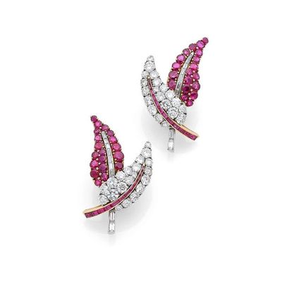 a pair of ruby and diamond ear clips