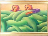 painting of two heads in a field of green grass with a gold frame