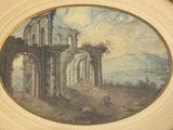 painting of a painting of a ruined building with a man and a dog in the foreground