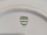 someone is holding a white plate with a green emblem on it