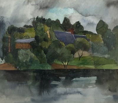 une aquarelle représentant une maison sur une petite île